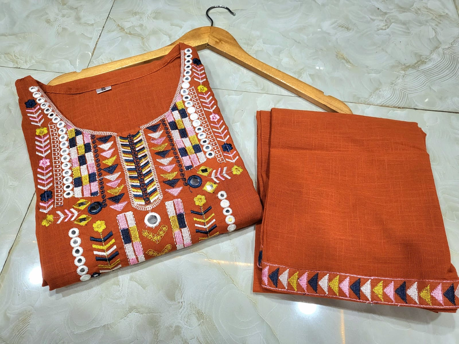 Elegant Cotton Embroidered Kurta Set for Summer- Rust Orange