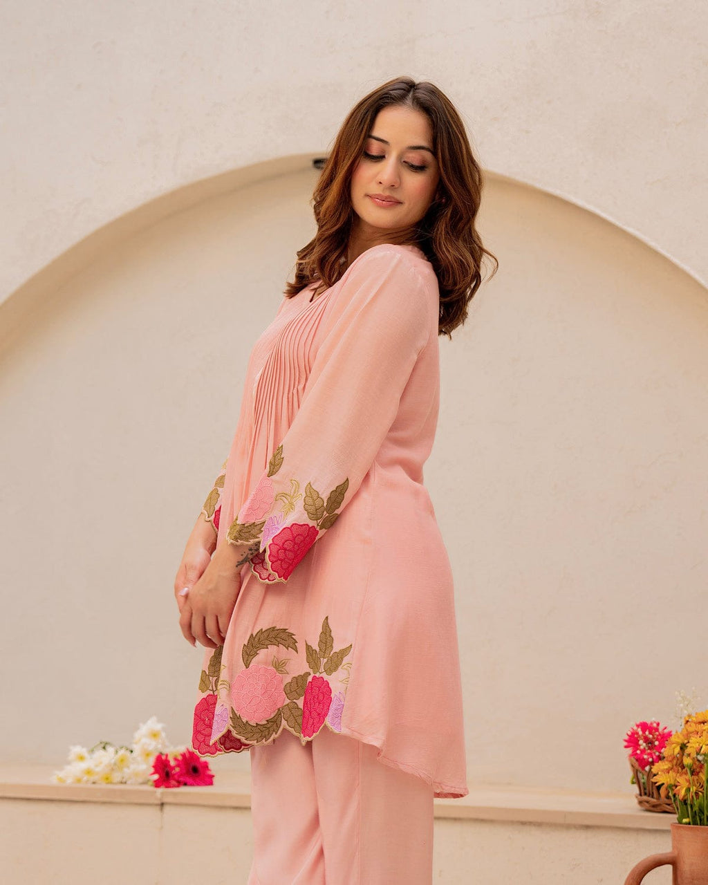 Elegant Cotton Cord Set with Heavy Embroidery - Pastel Peach
