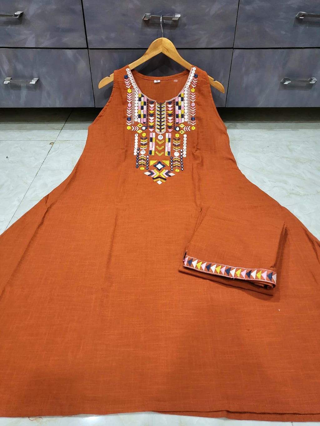 Elegant Cotton Embroidered Kurta Set for Summer- Rust Orange