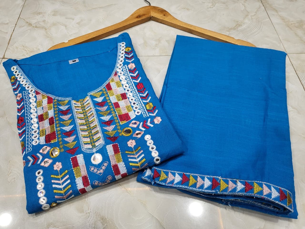 Elegant Cotton Embroidered Kurta Set for Summer- Peacock Blue