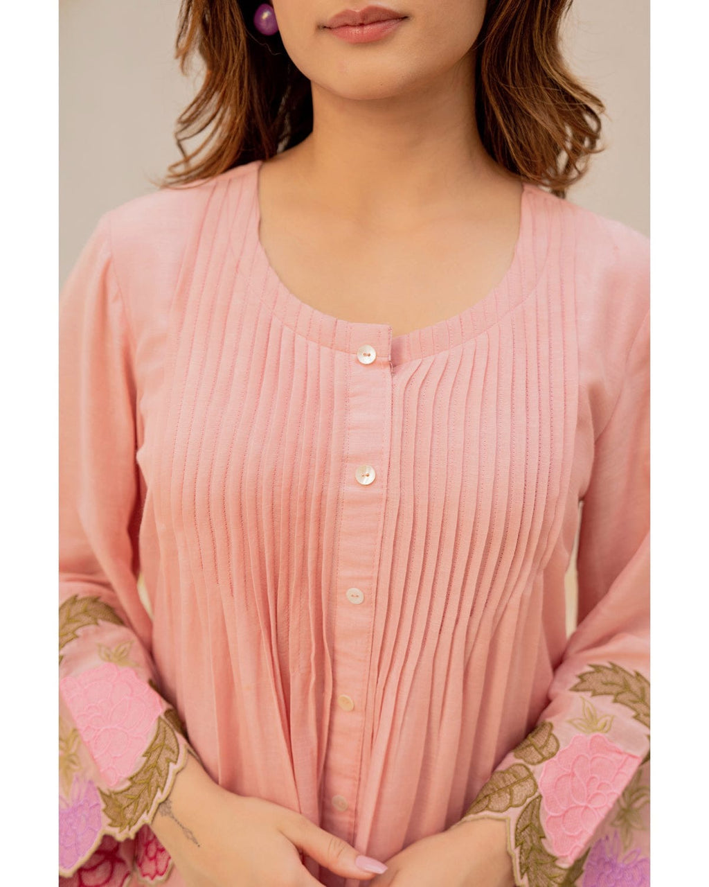 Elegant Cotton Cord Set with Heavy Embroidery - Pastel Peach