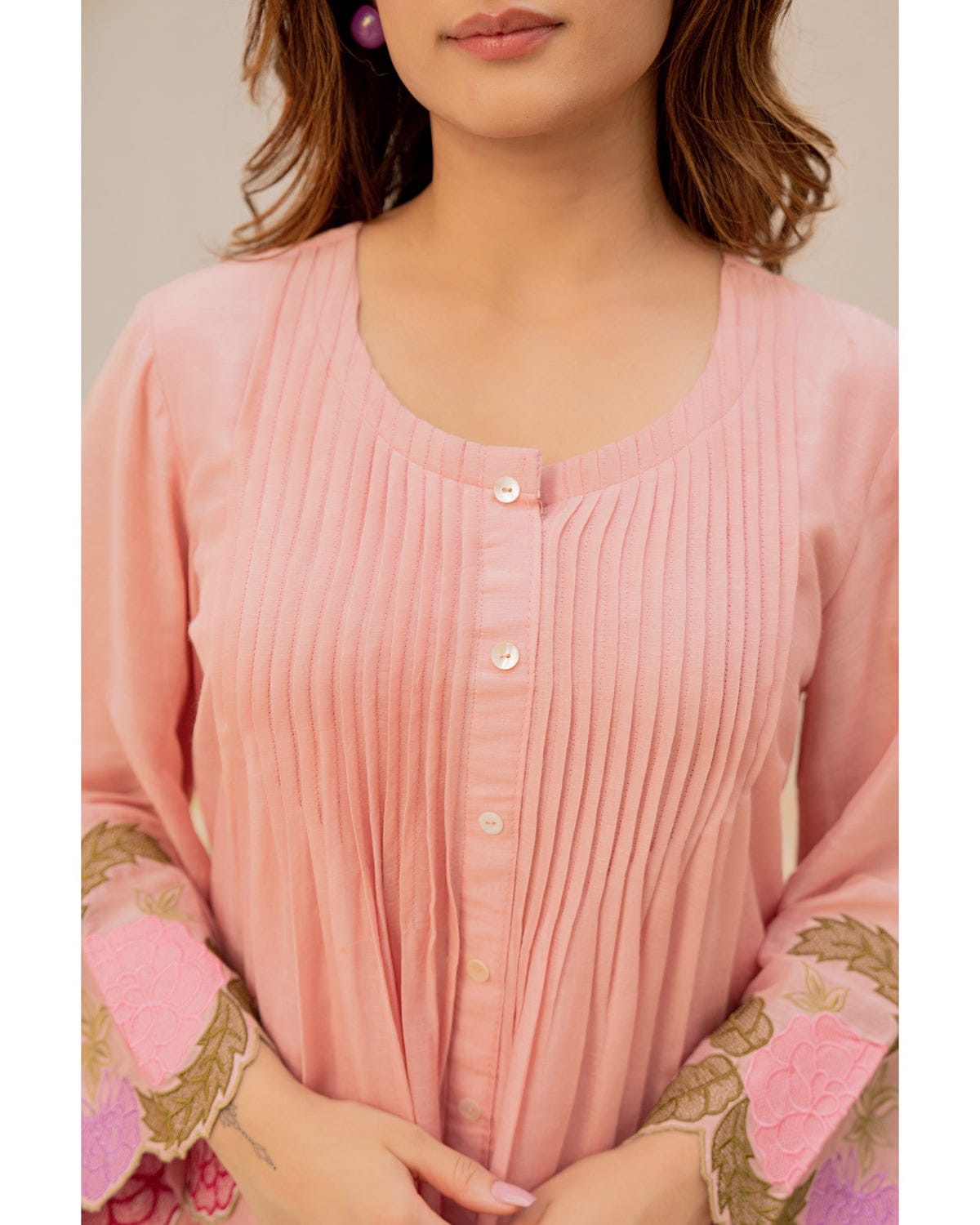 Elegant Cotton Cord Set with Heavy Embroidery - Pastel Peach