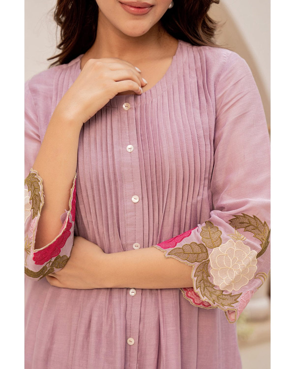 Elegant Cotton Cord Set with Heavy Embroidery - Lavender Rose