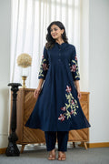 Pure Cotton Embroidered Pleated Kurti with Pant Set