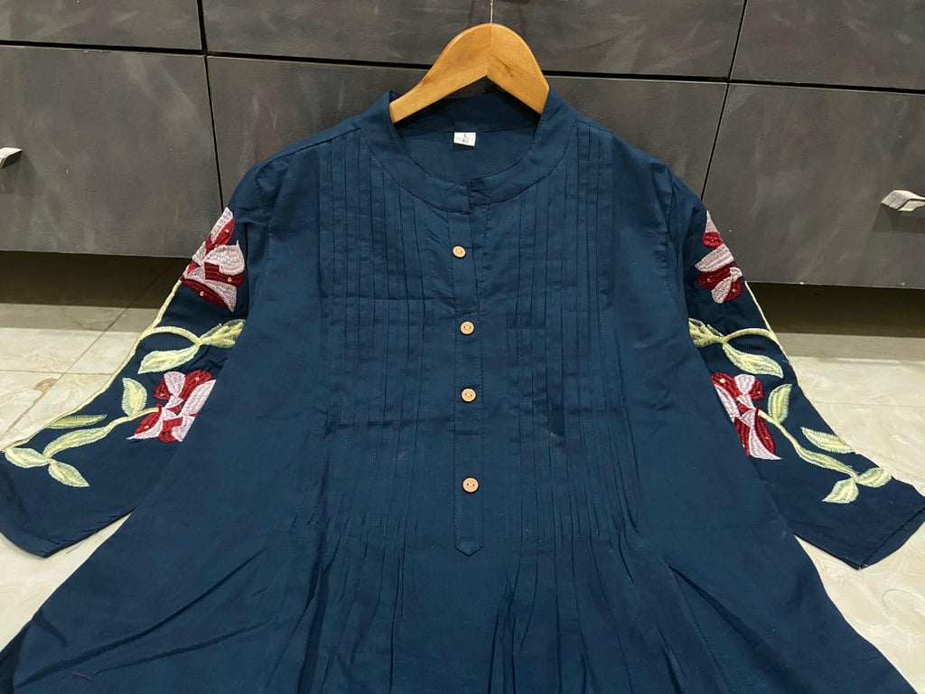 Pure Cotton Embroidered Pleated Kurti with Pant Set