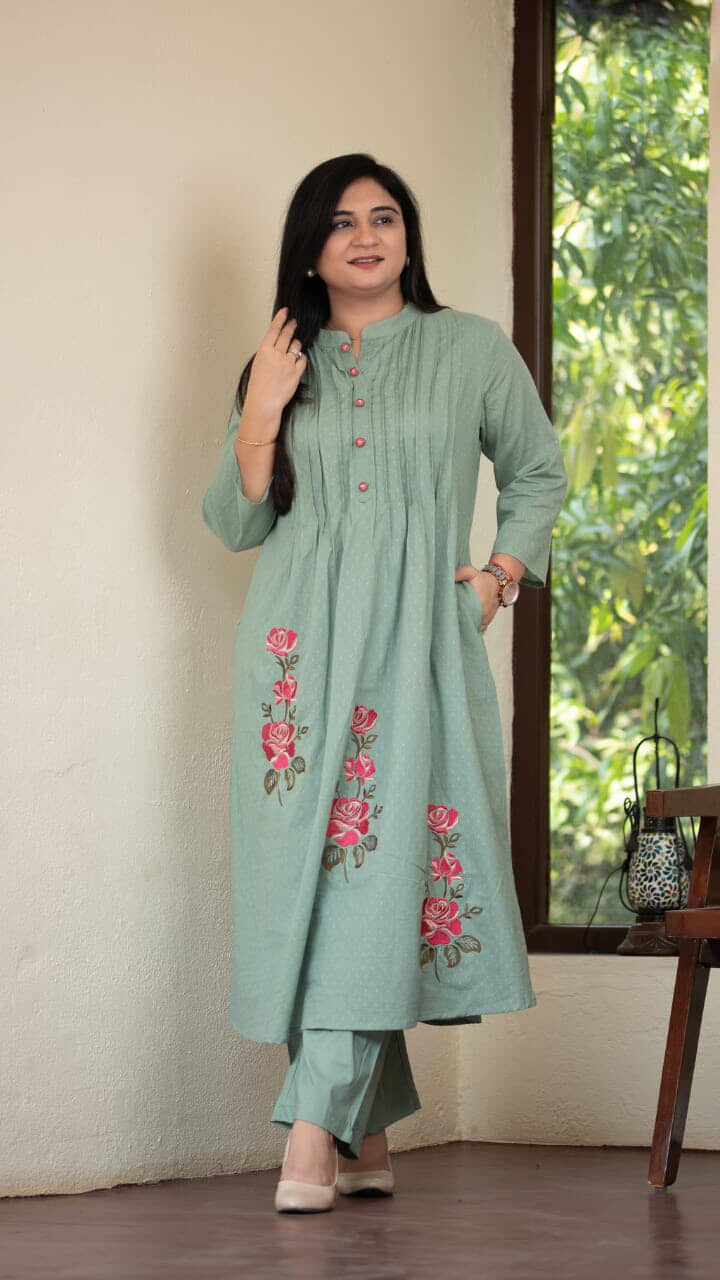 Pure Cotton Pleated Kurti with Heavy Embroidery & Pintex Work - Kurti Pant Set - Pista