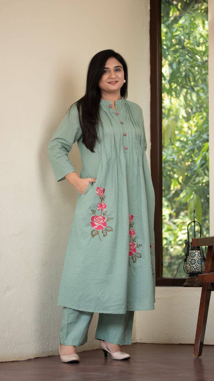 Pure Cotton Pleated Kurti with Heavy Embroidery & Pintex Work - Kurti Pant Set - Pista