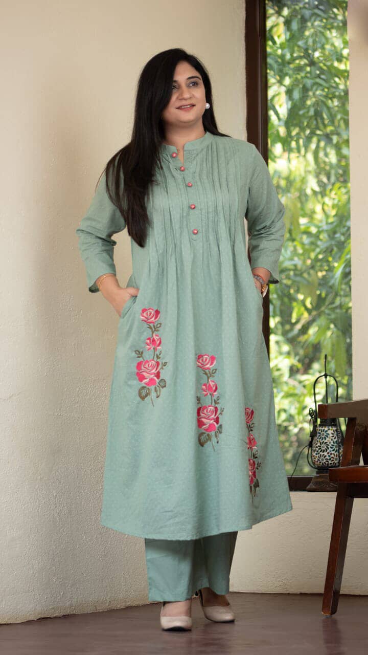 Pure Cotton Pleated Kurti with Heavy Embroidery & Pintex Work - Kurti Pant Set - Pista