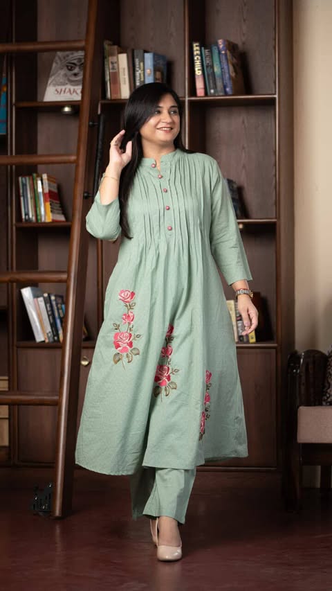 Pure Cotton Pleated Kurti with Heavy Embroidery & Pintex Work - Kurti Pant Set - Pista