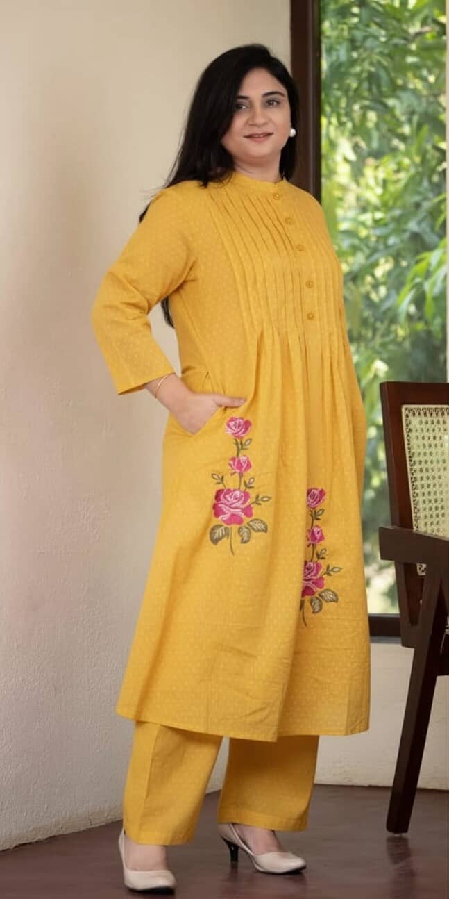 Pure Cotton Pleated Kurti with Heavy Embroidery & Pintex Work - Kurti Pant Set-Yellow
