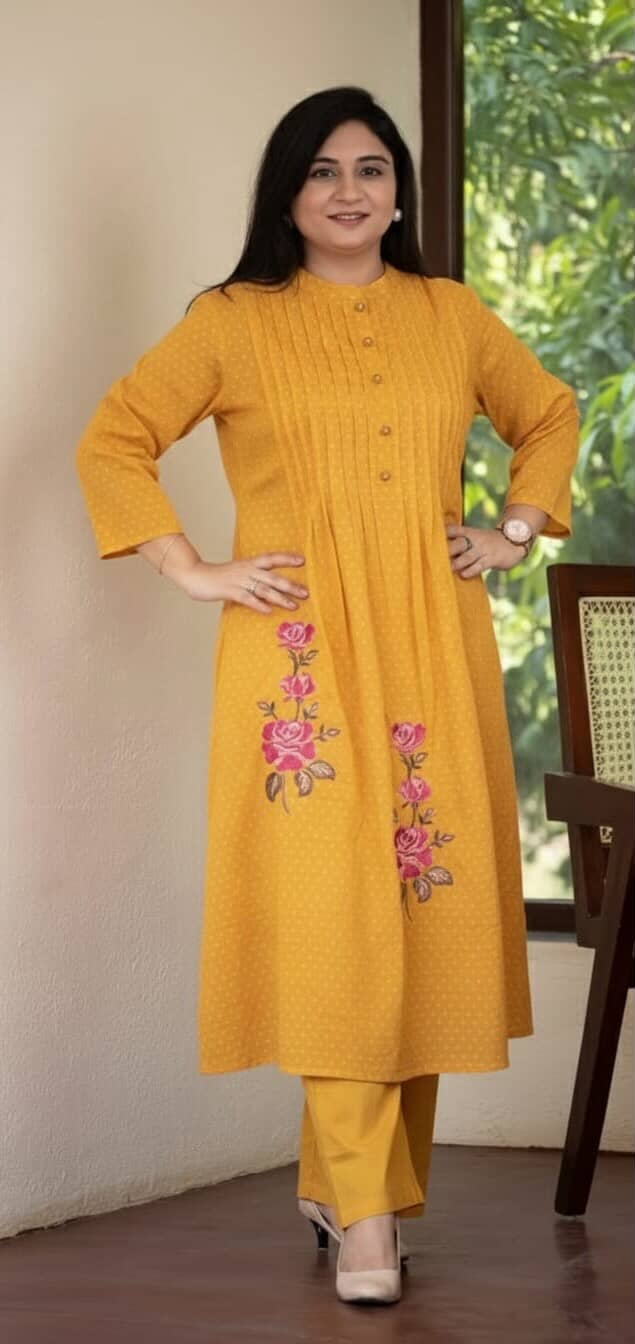 Pure Cotton Pleated Kurti with Heavy Embroidery & Pintex Work - Kurti Pant Set-Yellow