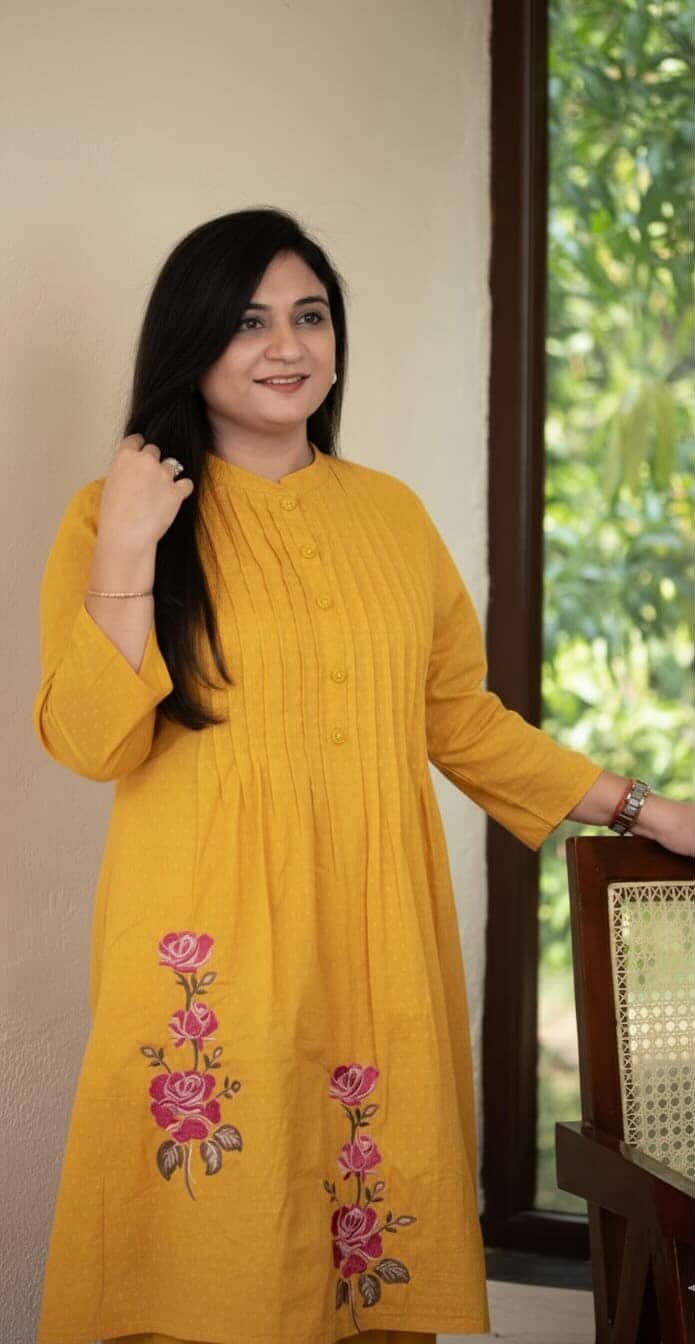Pure Cotton Pleated Kurti with Heavy Embroidery & Pintex Work - Kurti Pant Set-Yellow