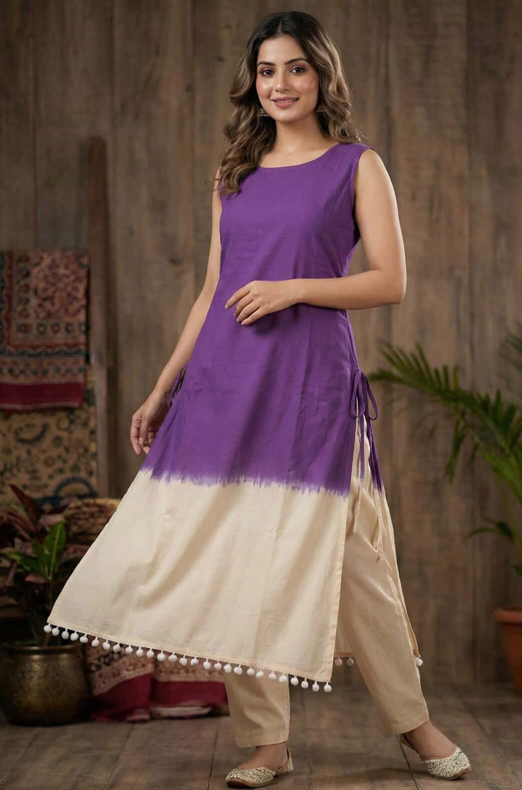 Premium Cotton Kurta Set with Attached Sleeves - Festival Ready -Purple