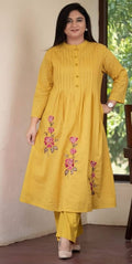 Pure Cotton Pleated Kurti with Heavy Embroidery & Pintex Work - Kurti Pant Set-Yellow