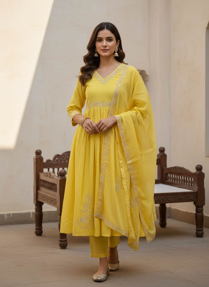 Pure Heavy Cotton Kurti Set with Embroidery Work - 3 Piece Set with Dupatta