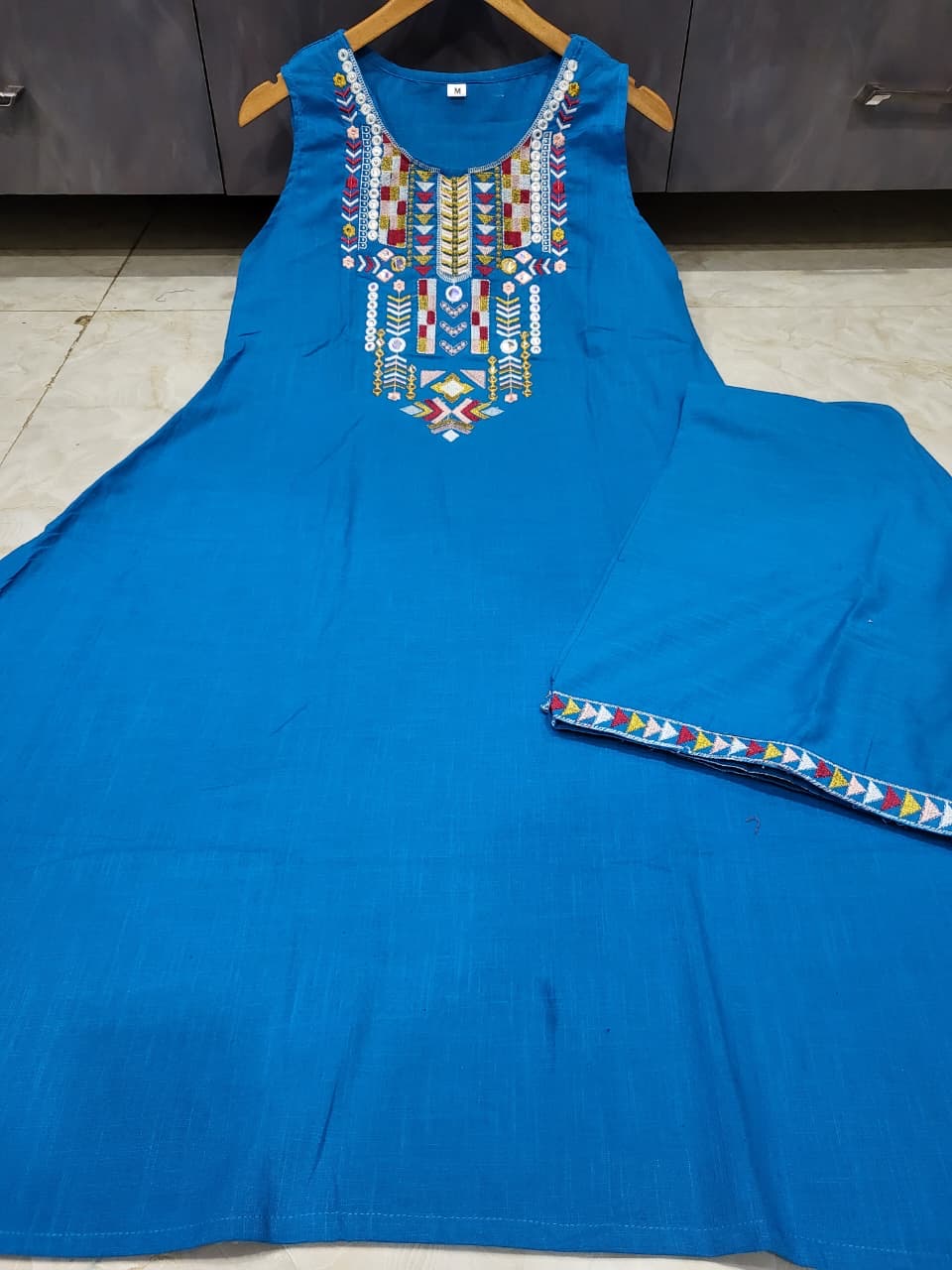 Elegant Cotton Embroidered Kurta Set for Summer- Peacock Blue