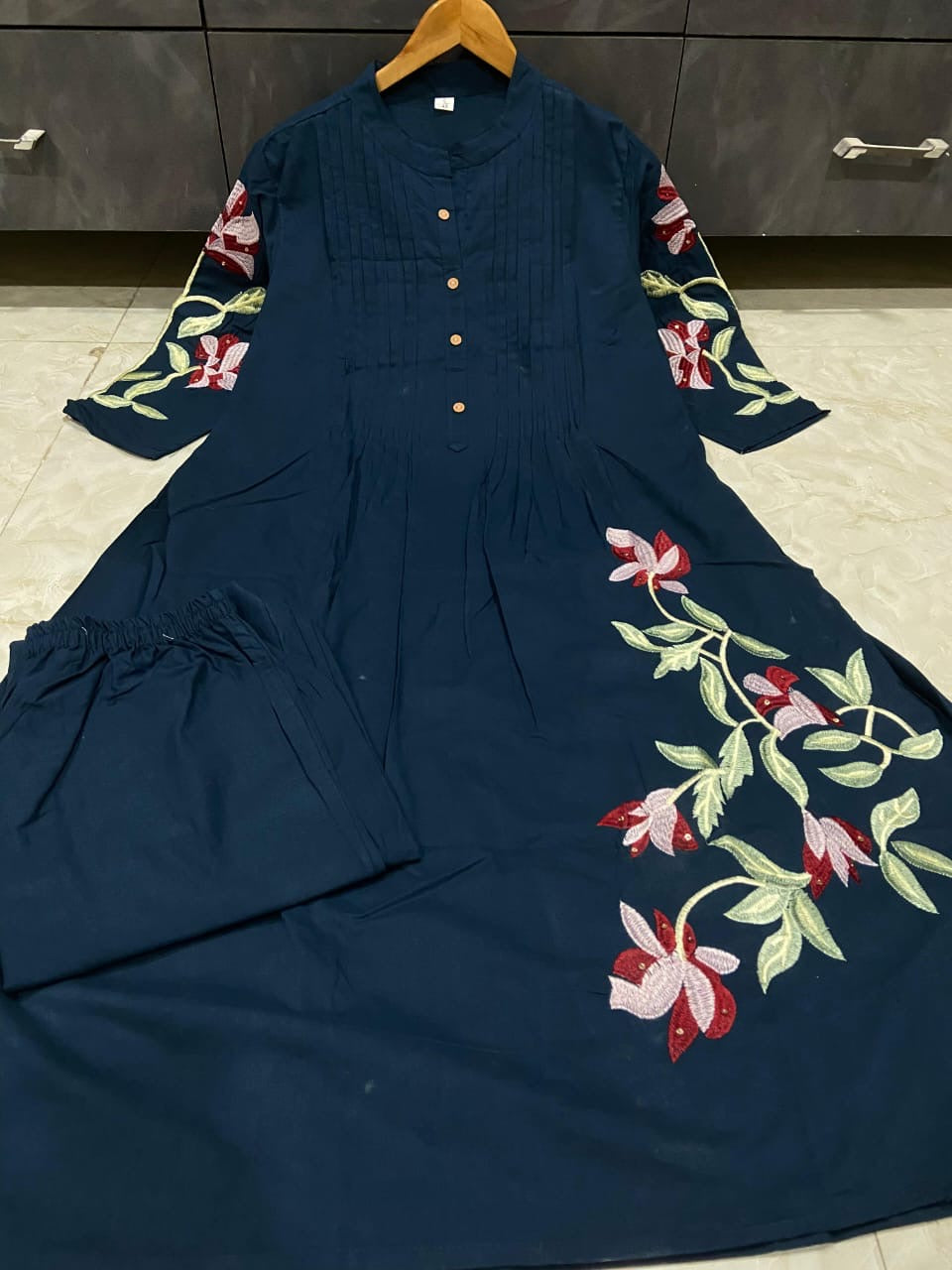 Pure Cotton Embroidered Pleated Kurti with Pant Set