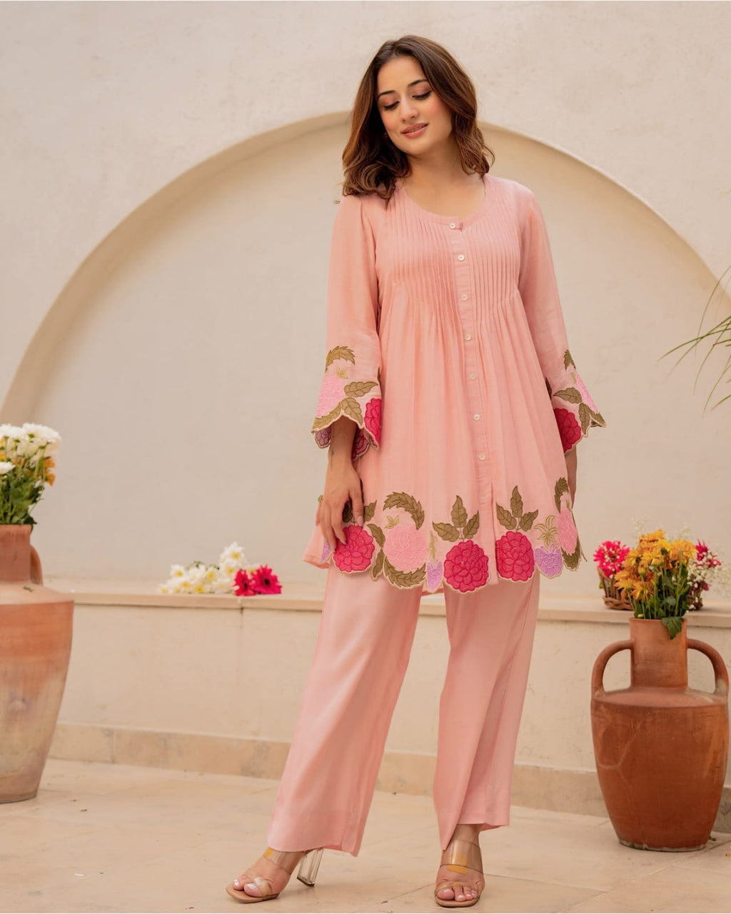 Elegant Cotton Cord Set with Heavy Embroidery - Pastel Peach