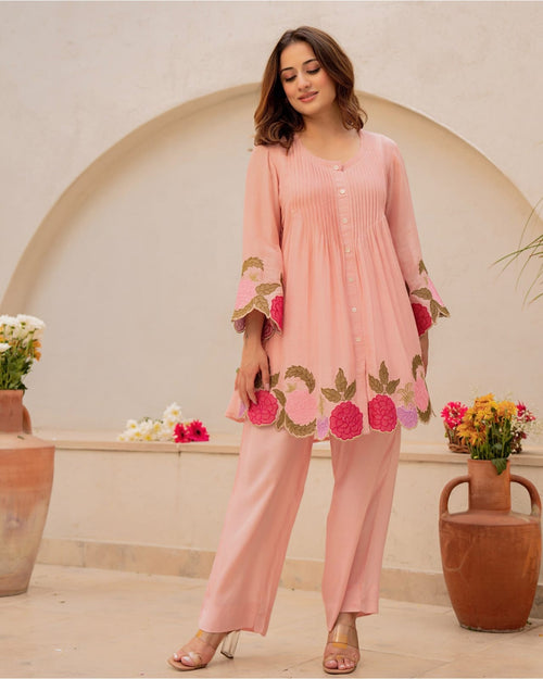 Elegant Cotton Cord Set with Heavy Embroidery - Pastel Peach