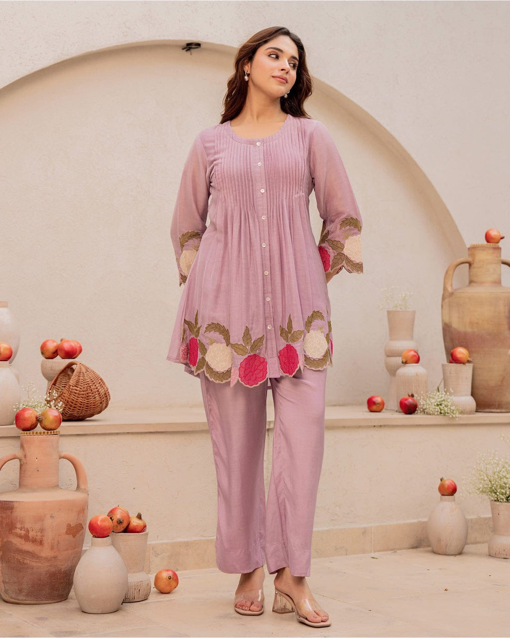 Elegant Cotton Cord Set with Heavy Embroidery - Lavender Rose