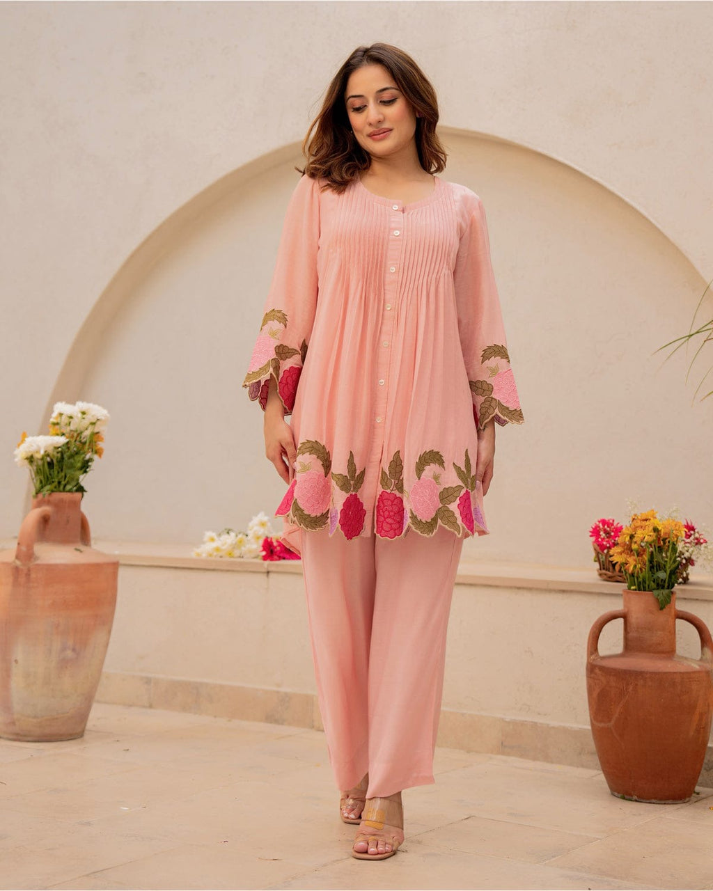 Elegant Cotton Cord Set with Heavy Embroidery - Pastel Peach