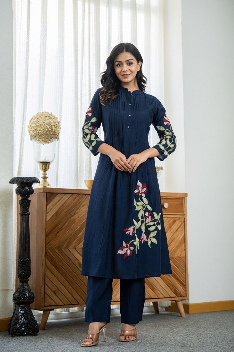 Pure Cotton Embroidered Pleated Kurti with Pant Set