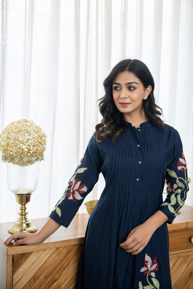 Pure Cotton Embroidered Pleated Kurti with Pant Set