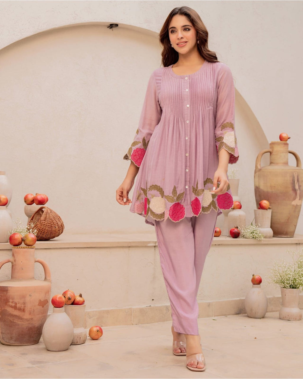Elegant Cotton Cord Set with Heavy Embroidery - Lavender Rose