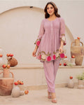 Elegant Cotton Cord Set with Heavy Embroidery - Lavender Rose