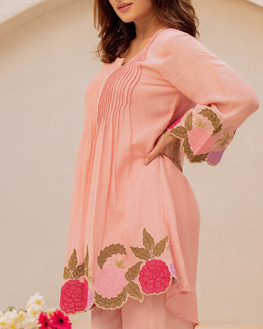 Elegant Cotton Cord Set with Heavy Embroidery - Pastel Peach