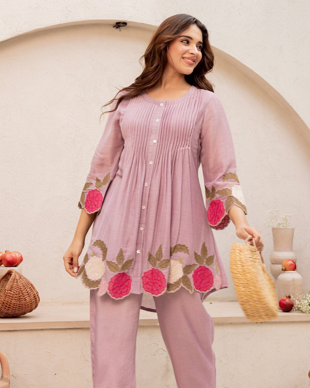 Elegant Cotton Cord Set with Heavy Embroidery - Lavender Rose