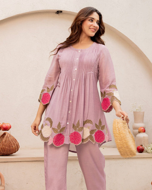 Elegant Cotton Cord Set with Heavy Embroidery - Lavender Rose