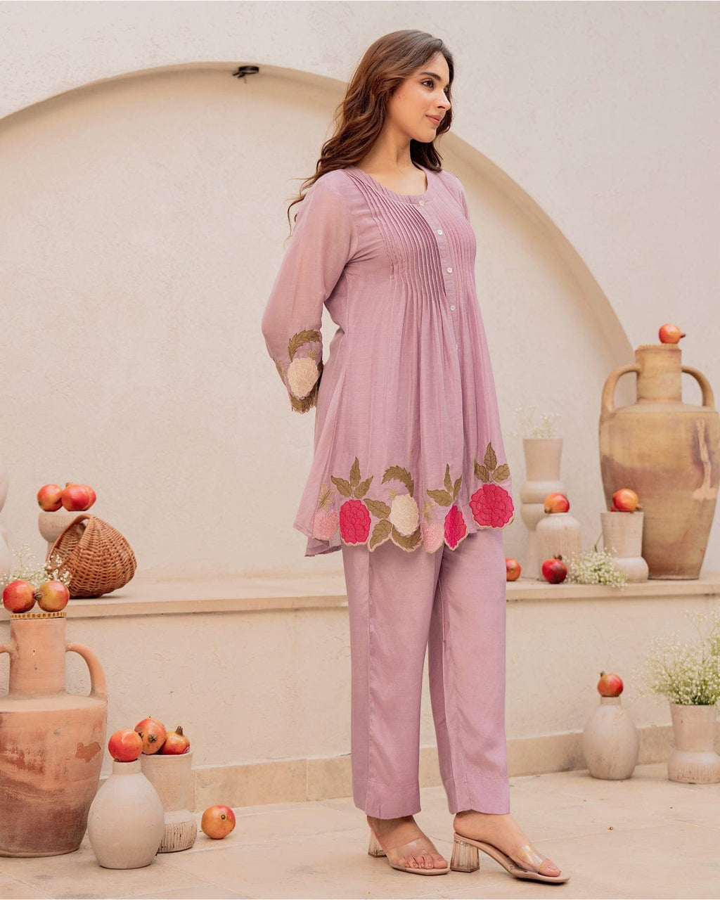 Elegant Cotton Cord Set with Heavy Embroidery - Lavender Rose