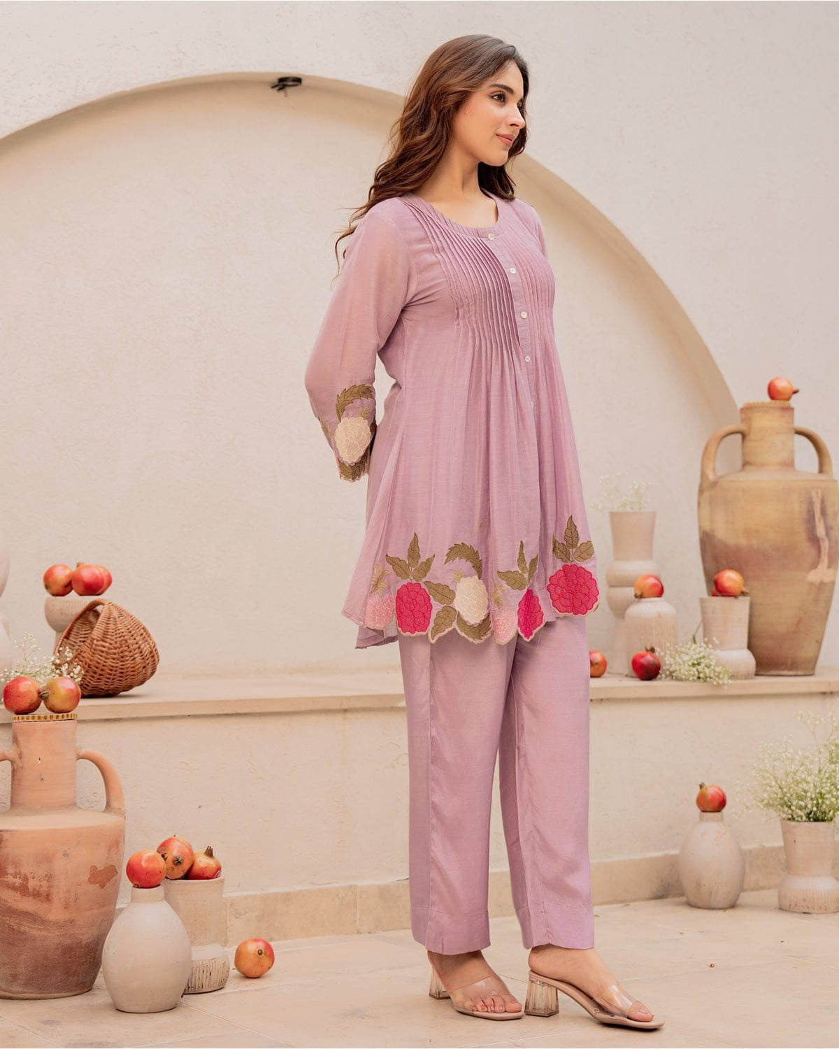 Elegant Cotton Cord Set with Heavy Embroidery - Lavender Rose
