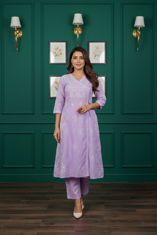Different model wearing lavender kurti - emerald green background