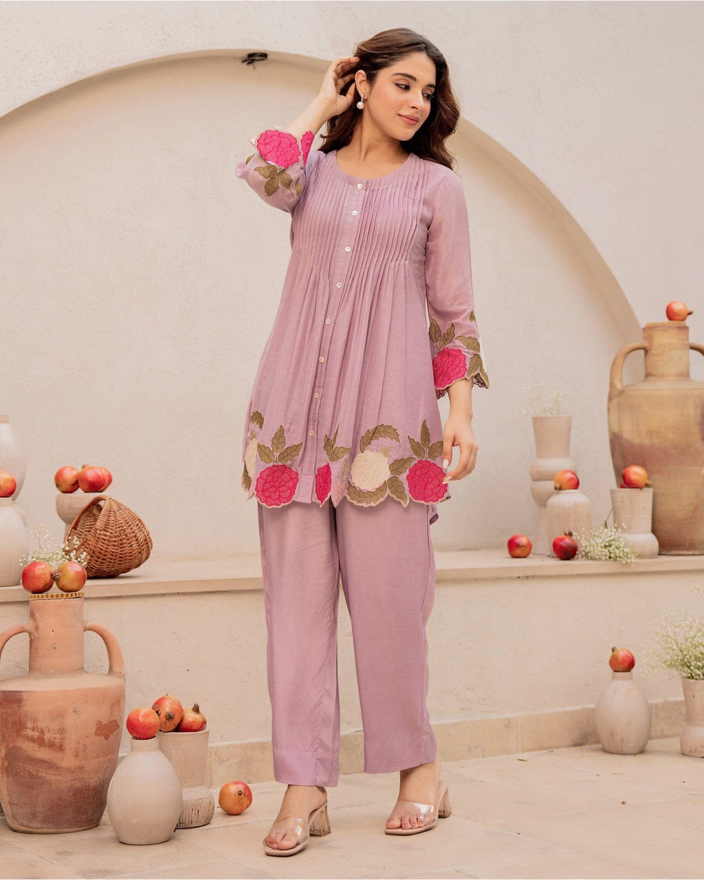 Elegant Cotton Cord Set with Heavy Embroidery - Lavender Rose