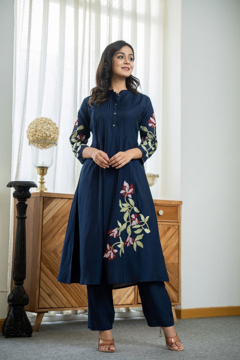 Pure Cotton Embroidered Pleated Kurti with Pant Set