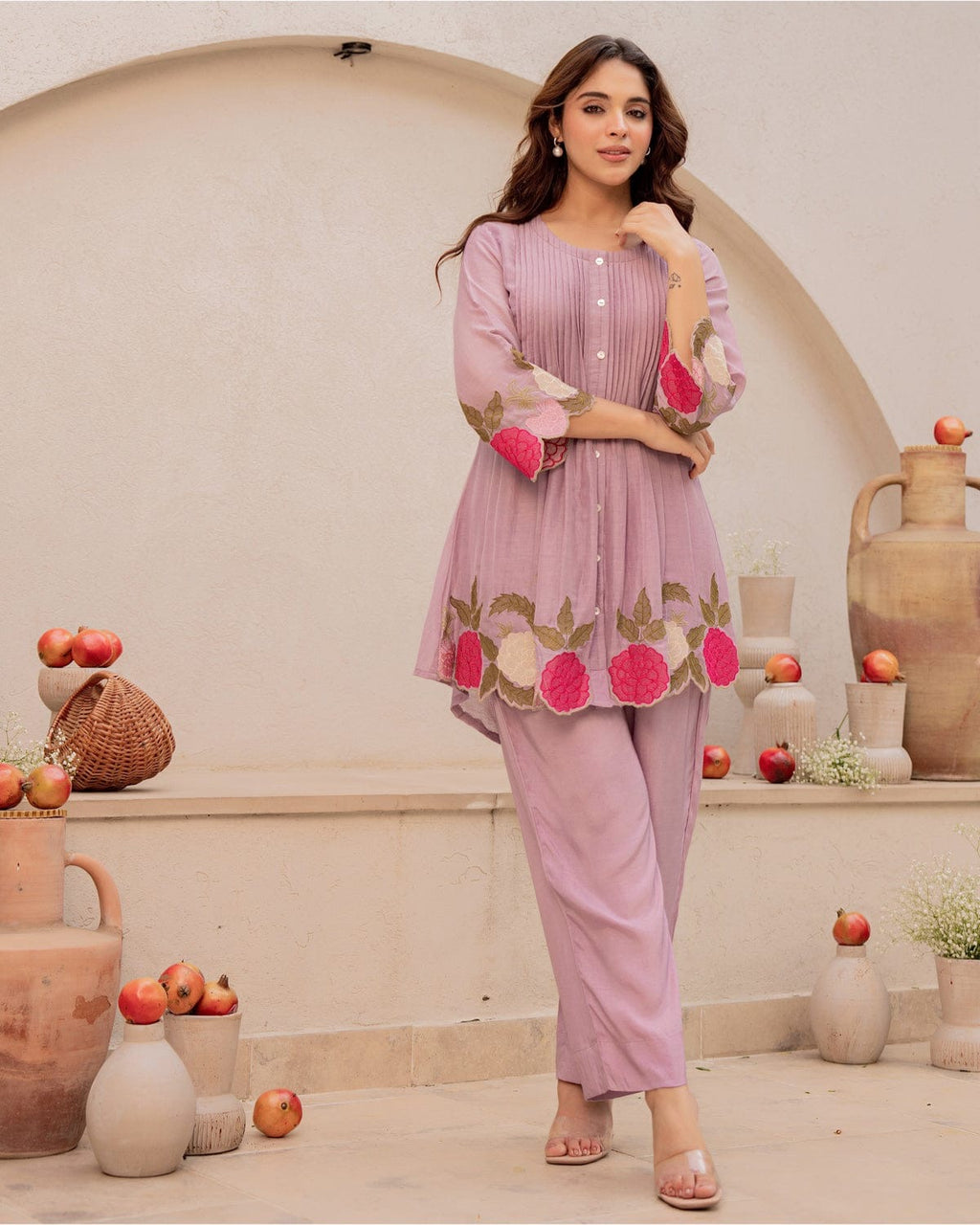 Elegant Cotton Cord Set with Heavy Embroidery - Lavender Rose