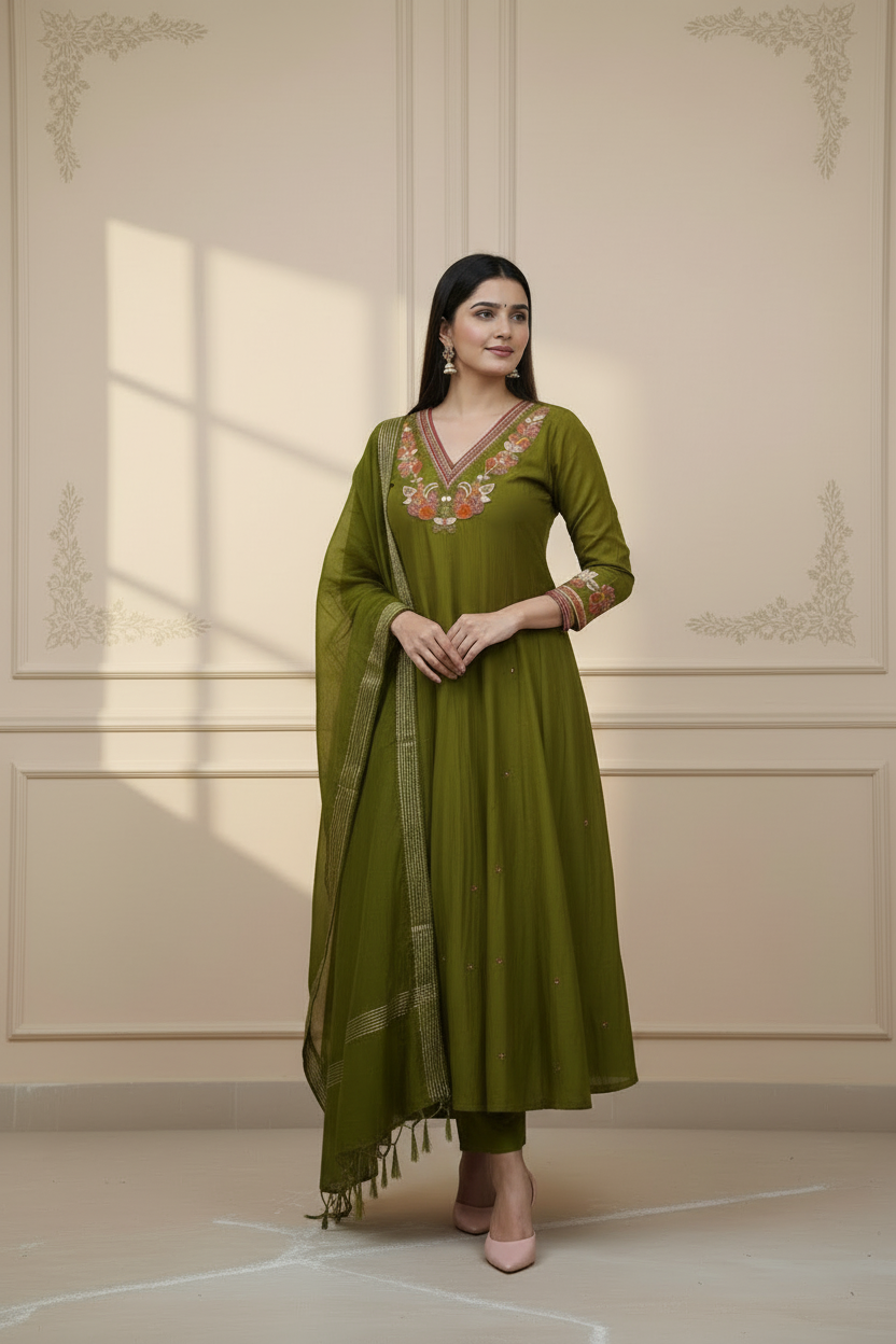 Olive Green Anarkali - Medium View