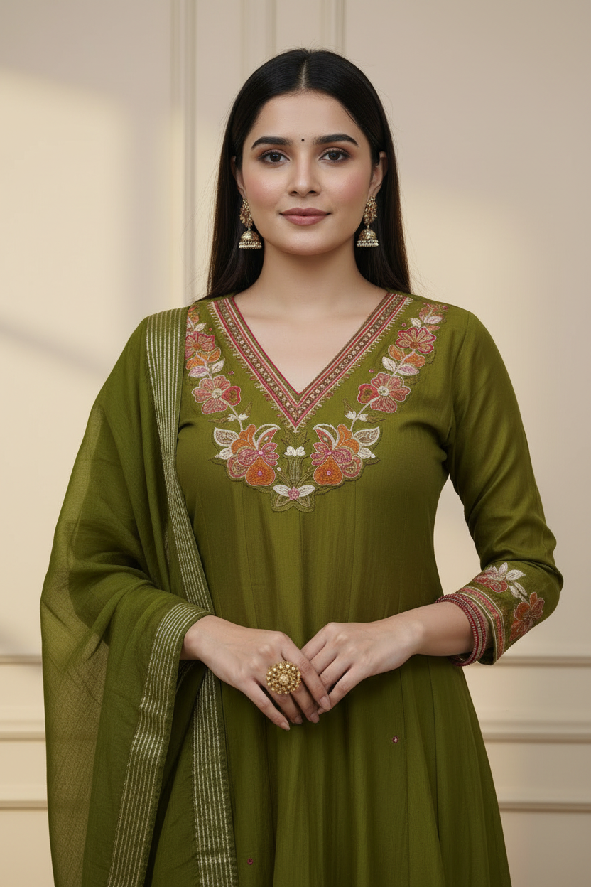 Olive Green Anarkali - Neckline Detail