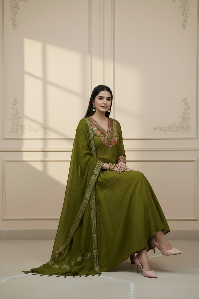 Olive Green Anarkali - Sitting Pose