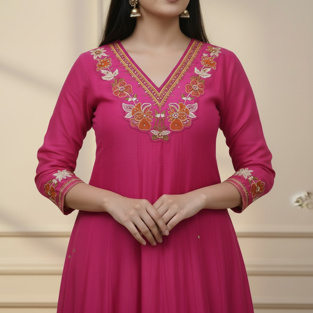 Pink Anarkali - Neckline Detail (No Jewelry)