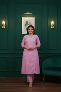 Cotton Chikankari Angrakha Kurti Pant Set - Pink